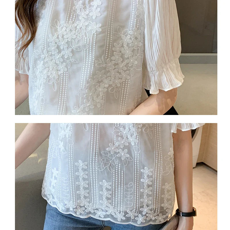 Weiyinxing Women Blouse Short Sleeve Embroidery Lace Chiffon Blouse Shirt Blouse Women Blusas Mujer De Moda 2023 Blouses Femme E950