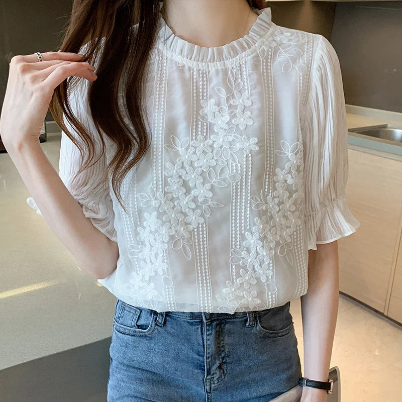 Weiyinxing Women Blouse Short Sleeve Embroidery Lace Chiffon Blouse Shirt Blouse Women Blusas Mujer De Moda 2023 Blouses Femme E950