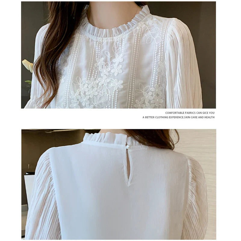 Weiyinxing Women Blouse Short Sleeve Embroidery Lace Chiffon Blouse Shirt Blouse Women Blusas Mujer De Moda 2023 Blouses Femme E950