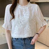 Weiyinxing Women Blouse Short Sleeve Embroidery Lace Chiffon Blouse Shirt Blouse Women Blusas Mujer De Moda 2023 Blouses Femme E950