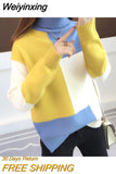 Weiyinxing Knitted Sweater Women Red Patchwork Turtleneck Knitted Winter Jumper Korean Pullover Casual Clothes Warm Loose V644