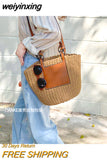 weiyinxing Straw Basket Bags Designer Rope Woven Women Shoulder Bags Summer Beach Crossbody Bag Pu Leather Patchwork Large Tote Sac