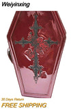 Weiyinxing Harajuku Gothic Bags 2023 Punk Coffin Handbags For Women Red Patent Leather Cross Rose Embroidered Cosmetic Bag Suitcase