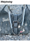 Weiyinxing Vintage Y2k Womens Shoulder Bag Goth Stars Crossbody Bag for Phone Pins Pearl Chain 2023 New Fashion Female Luxury Handbags