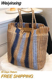 Weiyinxing Striped Beach Straw Bag Large Capacity Shoulder Bag For Women Handmade Woven Handbag Raffia Rattan Bag Casual Tote Bag