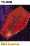 Weiyinxing Harajuku Gothic Bags 2023 Punk Coffin Handbags For Women Red Patent Leather Cross Rose Embroidered Cosmetic Bag Suitcase
