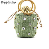 Weiyinxing Round Rattan Handmade diamond Pearl Bag Bohemian Straw Bag Bucket Knitting Shoulder Crossbody Bead Beach Bag Holiday Tote