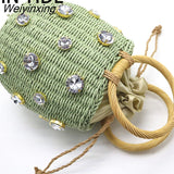 Weiyinxing Round Rattan Handmade diamond Pearl Bag Bohemian Straw Bag Bucket Knitting Shoulder Crossbody Bead Beach Bag Holiday Tote
