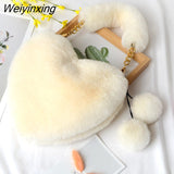 Weiyinxing Faux Fur Heart-shaped Women Small Handbags Fluffy Plush Ladies Chain Shoulder Bag Fashion Female Furry Daily Clutch Purse