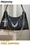 Weiyinxing Y2k Hot Girl Chain Crocodile Pattern Handbag 2023 Summer Subculture Dark Punk Underarm Bag Cross Skull Shoulder Bag