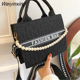Weiyinxing Women's Square Pearl Chain Bag Large-capacity Tote Bag New Western Style Letter Printing  Shoulder Bag Trendy Messenger Bag