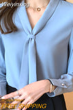 Weiyinxing Sleeve Chiffon Blouse Shirt Blouse Women Blusas Mujer De Moda 2023 Bow V-Neck Office Lady Blouse Tops Women Blouses E203 0409