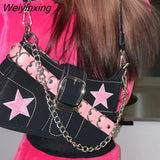 Weiyinxing Fashion Cool Dark Harajuku Style Denim Bag Pink Star Metal Chain Women's Bag Underarm Bag Tote Bag Purses Handbags