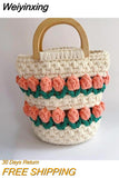 Weiyinxing Knit Flower Women Shoulder Bags Handmade Woven Lady Handbag Cotton Tote Shopper Bag Daisy Women Travel Beach Bag Purses 0409