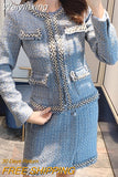 Weiyinxing Quality Small Fragrance Tweed Two Piece Sets Women Outfits Luxury Beading Jacket Coat + Mini Skirt Sets Vintage 2 Piece Set