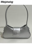 Weiyinxing Silver Shoulder Bag for Women Plain Simple Solid Color Purses and Handbag Luxury Designer Hong Kong Style Crossbody Bags