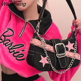 Weiyinxing Fashion Cool Dark Harajuku Style Denim Bag Pink Star Metal Chain Women's Bag Underarm Bag Tote Bag Purses Handbags