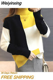 Weiyinxing Knitted Sweater Women Red Patchwork Turtleneck Knitted Winter Jumper Korean Pullover Casual Clothes Warm Loose V644