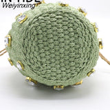 Weiyinxing Round Rattan Handmade diamond Pearl Bag Bohemian Straw Bag Bucket Knitting Shoulder Crossbody Bead Beach Bag Holiday Tote