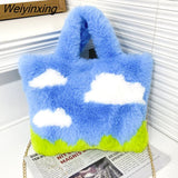 Weiyinxing Winter Original Design Cute White Cloud Blue Sky Plush Handbag Tote Women Bag Purses Handbags Tote Bags Crosbody Bag