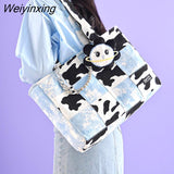 Weiyinxing Japanese Planet Kawaii Cow Print Tote Bag Women Bag High Capacity Shoulder Bags Storage Bag Denim Canvas Bag Shopping Bag