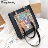 Weiyinxing Black Women's Bags Big capacity Printing Tote Bag Lady Handbags Women's Shoulder Bag Chains Bag 2023 Luxury Bag Designer