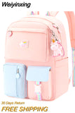 Weiyinxing Cute Cartoon Backpack Hit Color Middle School Kids Student Book Bag Casual Travel Women Rucksack Daypack with Pendant