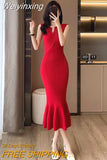 Weiyinxing Women Sexy Bodycon Dress Spring Summer New Temperament Office Lady Elegant Black Knitted Mermaid Dress Ribbed Casual Robe P554