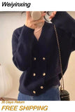 Weiyinxing New Casual Knitted Cardigan Woman Sexy V-Neck Double Breasted Women's Sweater Jacket Sweet Solid Color Female Jumper T213