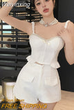 Weiyinxing Small Fragrant Two Piece Set Women Pearl Beading Sexy Sling Crop Top + High Waist Short Sets Summer 2 Piece Pant Sets