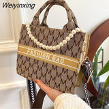 Weiyinxing Women's Square Pearl Chain Bag Large-capacity Tote Bag New Western Style Letter Printing  Shoulder Bag Trendy Messenger Bag