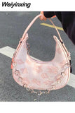 Weiyinxing Womens Floral 2023 Luxury Designer Handbag Pink Spring and Summer Casual Trend Purse Gentle Female Fashion Half Moon Bag