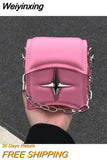 Weiyinxing Women Chain Shoulder Bags Y2k Cool Girls Flap Square Clutch Purse Handbags Pink Pu Leather Small Female Crossbody Bag