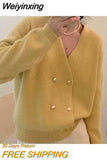 Weiyinxing New Casual Knitted Cardigan Woman Sexy V-Neck Double Breasted Women's Sweater Jacket Sweet Solid Color Female Jumper T213