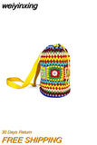 weiyinxing Crochet Barrel Shaped Women Shoulder Bags Knitted Granny Square Backpacks Handmade Woven Handbag Casual Travel Bag 2023