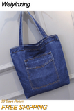 Weiyinxing New Large Capacity Women Shoulder Bags Wild Casual Handbag Street Canvas Denim Shoulder Bag Solid Color Zipper Shopping Bag 0409