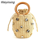 Weiyinxing Round Rattan Handmade diamond Pearl Bag Bohemian Straw Bag Bucket Knitting Shoulder Crossbody Bead Beach Bag Holiday Tote
