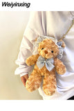 Weiyinxing Lolita Cute Bear Shoulder Bag for Girls Bow Pearl Jk Kawaii Soft Japan Style Lace Purse Women Fluffy Zipper Crossbody Bags