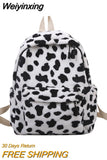 Weiyinxing Women Cow Print Backpack Multi-Pockets Shoulder Bags Winter Soft Plush Leopard Pattern Travel Bag Fluffy School Book Bag