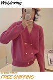 Weiyinxing New Casual Knitted Cardigan Woman Sexy V-Neck Double Breasted Women's Sweater Jacket Sweet Solid Color Female Jumper T213