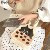 Weiyinxing Black Cat Boba Tea Illustration Canvas Bag Women's Bag Kawaii Japanese Storage Bag Lunch Bag Handbag Fashionable Purses