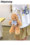 Weiyinxing Lolita Cute Bear Shoulder Bag for Girls Bow Pearl Jk Kawaii Soft Japan Style Lace Purse Women Fluffy Zipper Crossbody Bags