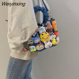 Weiyinxing Japanese Cartoon Canvas Bag Women Bags Bucket Bag Kawaii Plush Pendant Shoulder Bags Messenger Bag High Capacity Side Bag