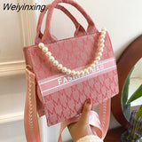 Weiyinxing Women's Square Pearl Chain Bag Large-capacity Tote Bag New Western Style Letter Printing  Shoulder Bag Trendy Messenger Bag