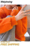 Weiyinxing Cashmere Orange Sweater Women Knitted Jumpers Casual Loose Soft Harajuku Vintage Knitwear Autumn Winter O-neck Simple O290