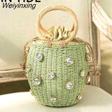 Weiyinxing Round Rattan Handmade diamond Pearl Bag Bohemian Straw Bag Bucket Knitting Shoulder Crossbody Bead Beach Bag Holiday Tote