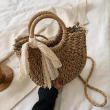 Weiyinxing Bag Women Hand-Woven Handbag Moon Shape Lace Bow Rattan Bag Big Capacity Drawstring Casual Beach Shoulder Crossbody Bag