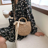 Weiyinxing Bag Women Hand-Woven Handbag Moon Shape Lace Bow Rattan Bag Big Capacity Drawstring Casual Beach Shoulder Crossbody Bag