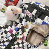 Weiyinxing Women Laptop Plaid College Bag Cute Cartoon Girl Travel Backpacks Nylon Fashion Lattice Ladies Kawaii Backpack Female School Bag