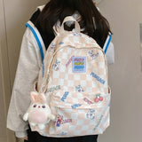 Weiyinxing Women Laptop Plaid College Bag Cute Cartoon Girl Travel Backpacks Nylon Fashion Lattice Ladies Kawaii Backpack Female School Bag
